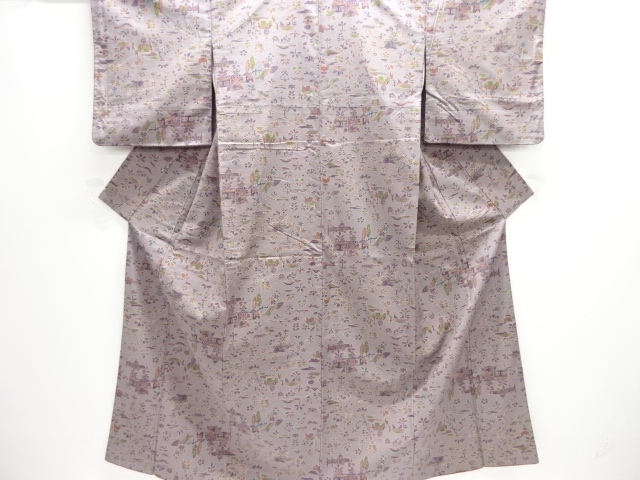 JAPANESE KIMONO / SILK / HAND WOVEN TSUMUGI / BOAT & FLOWERS & BIRDS